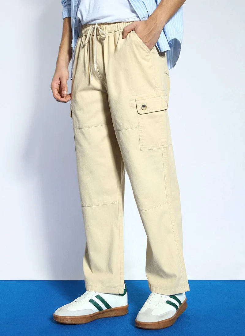 Urbano Fashion Men's Beige Loose Baggy Fit Cargo Jogger Chino Pant with 6 Pockets Stretchable